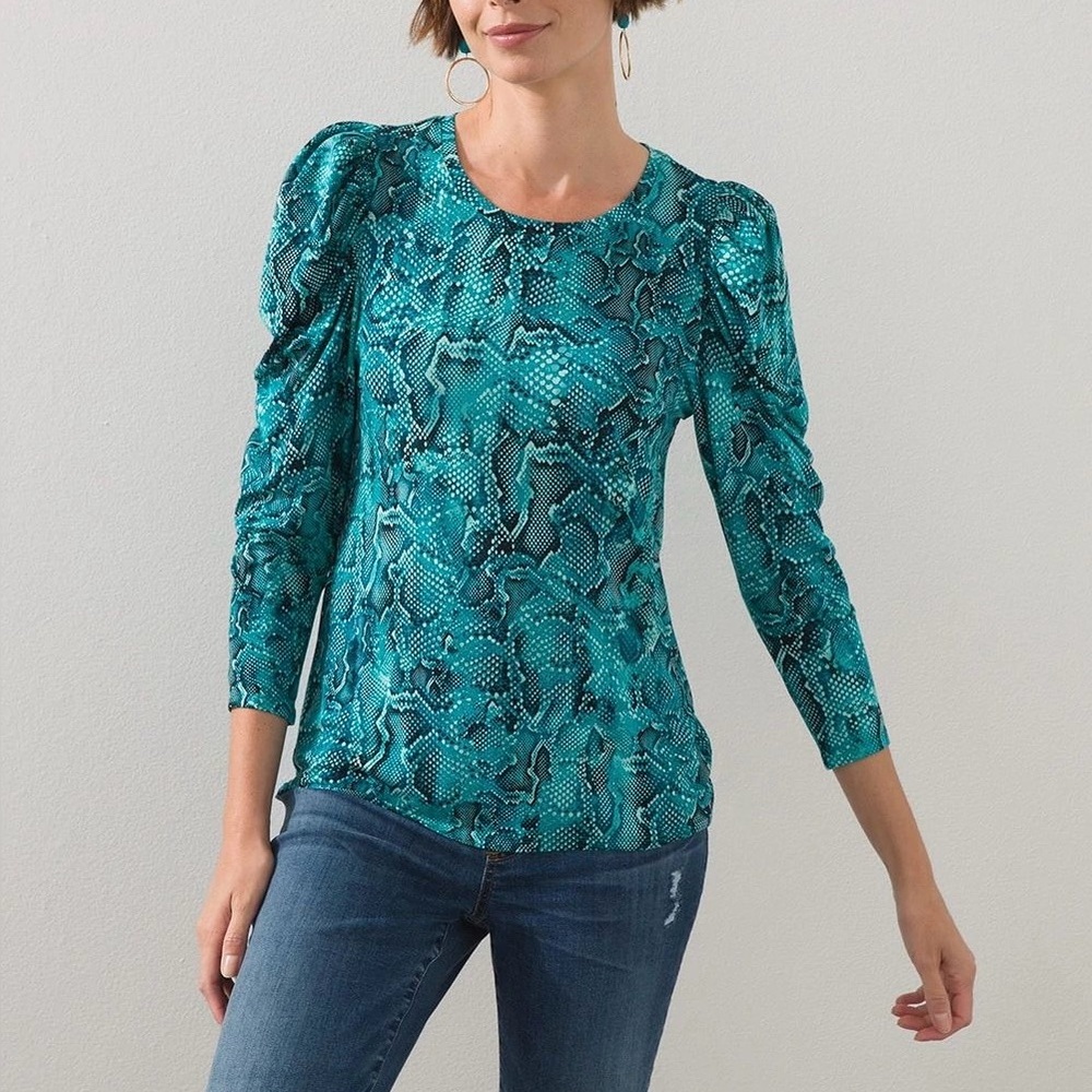 NWT Chico’s Snake Print Puff Sleeve Romance Top, XL, Chico’s Size 3